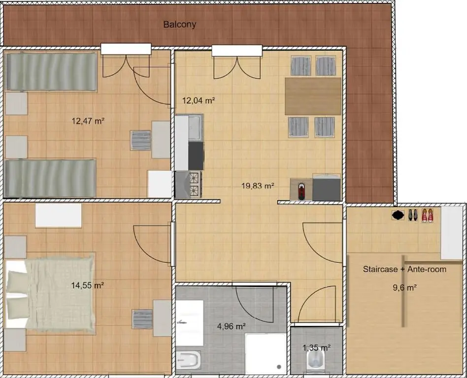 Haus Montis Apartment floor plan - 62m² layout with 2 bedrooms, kitchen, bathroom and balcony in Austria